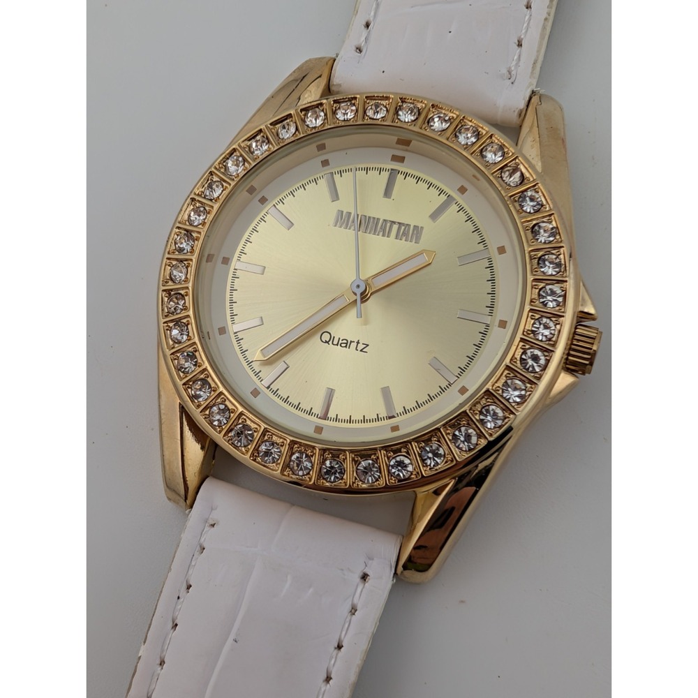 Manhattan by Croton Women's Watch 40mm Case Pave Bezel White Band- New Battery